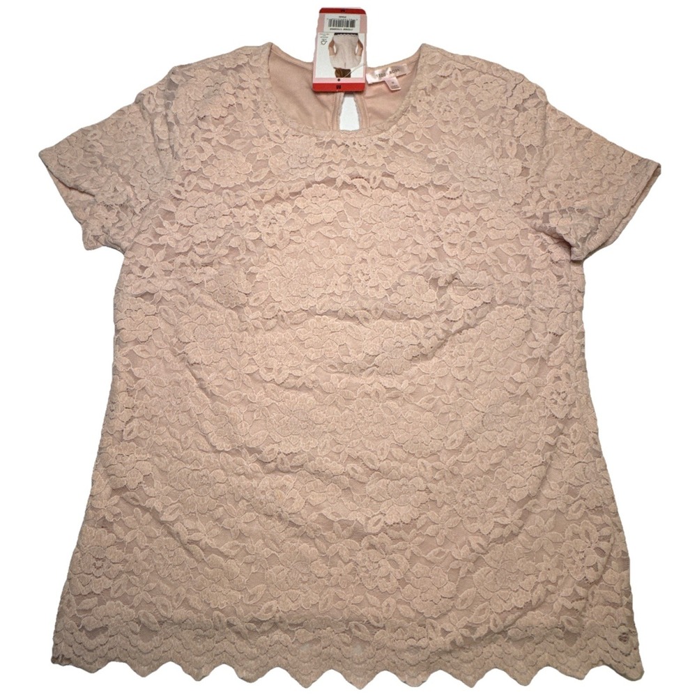 Teddi Rose Womens Pink Floral Lace Scalloped Hem Top Short Sleeve Medium 1753860
